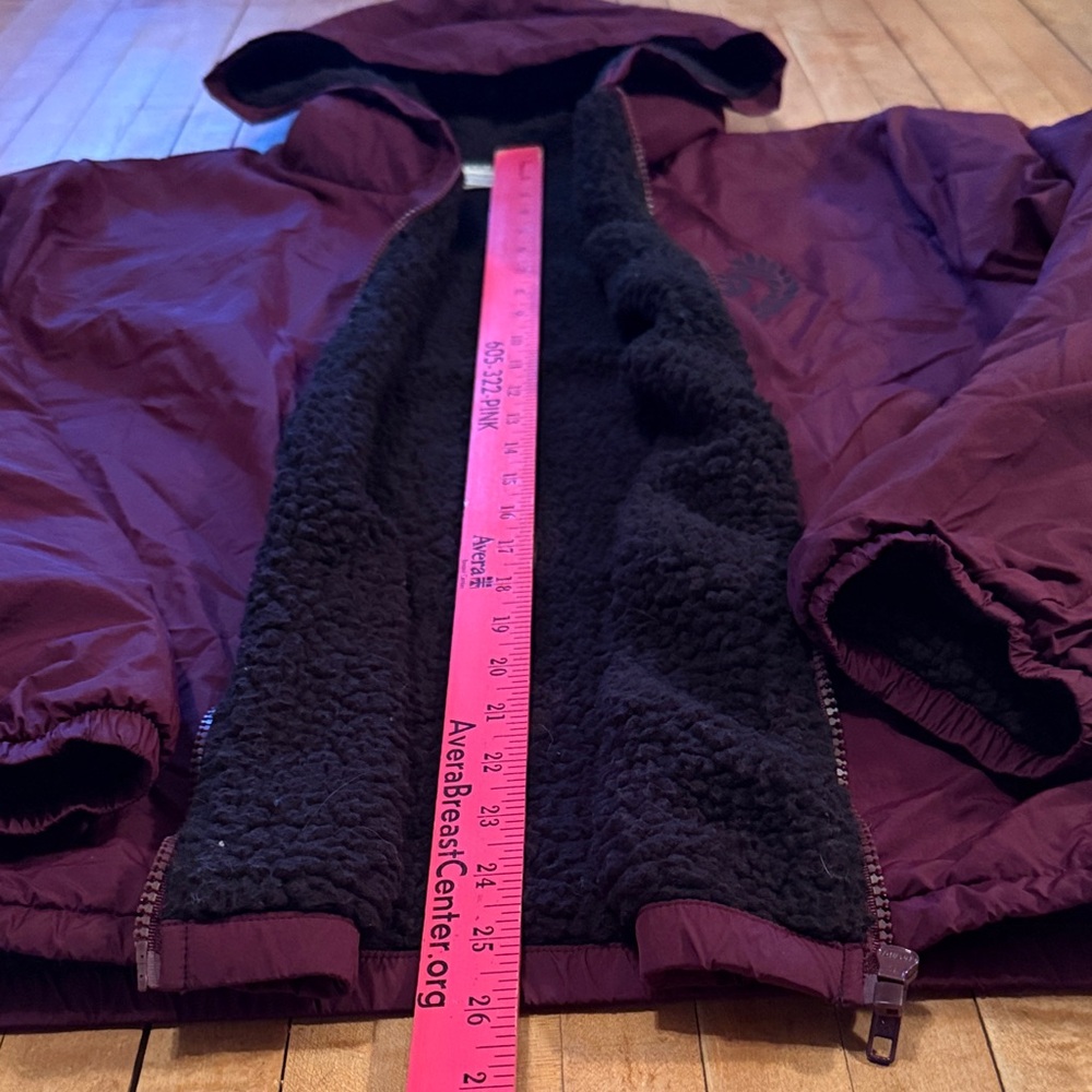 Victoria's Secret Hooded Raincoat in Maroon zip up hoodie. Ties are missing. - Picture 4 of 5